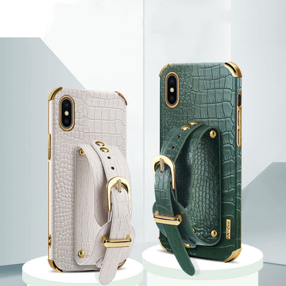 For iPhone X / XS Electroplated TPU Crocodile Pattern Leather Case with Wrist Strap(Green) by buy2fix