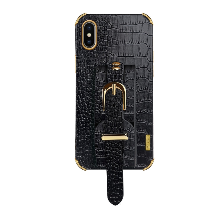 For iPhone X / XS Electroplated TPU Crocodile Pattern Leather Case with Wrist Strap(Black) by buy2fix