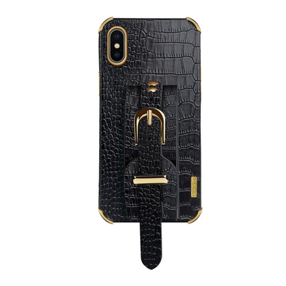 For iPhone X / XS Electroplated TPU Crocodile Pattern Leather Case with Wrist Strap(Black) by buy2fix