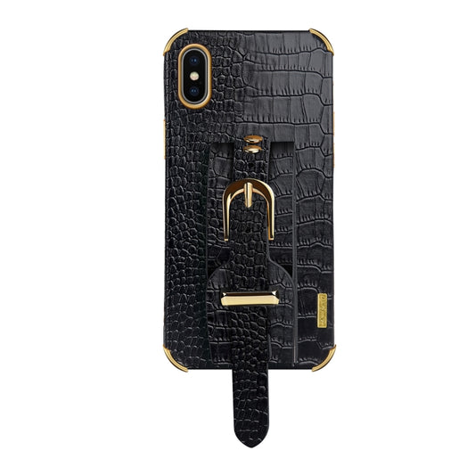 For iPhone X / XS Electroplated TPU Crocodile Pattern Leather Case with Wrist Strap(Black) by buy2fix