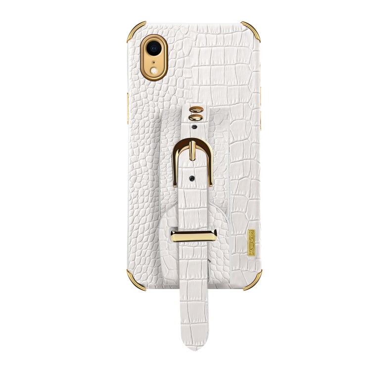 For iPhone XR Electroplated TPU Crocodile Pattern Leather Case with Wrist Strap(White) by buy2fix