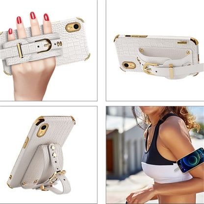 For iPhone XR Electroplated TPU Crocodile Pattern Leather Case with Wrist Strap(White) by buy2fix