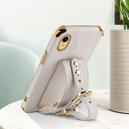 For iPhone XR Electroplated TPU Crocodile Pattern Leather Case with Wrist Strap(White) by buy2fix