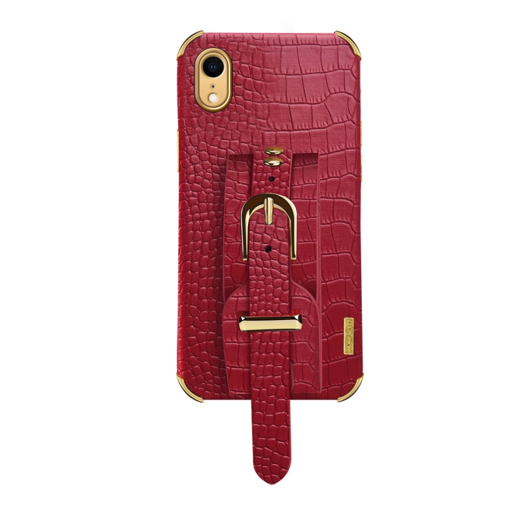 For iPhone XR Electroplated TPU Crocodile Pattern Leather Case with Wrist Strap(Red) by buy2fix
