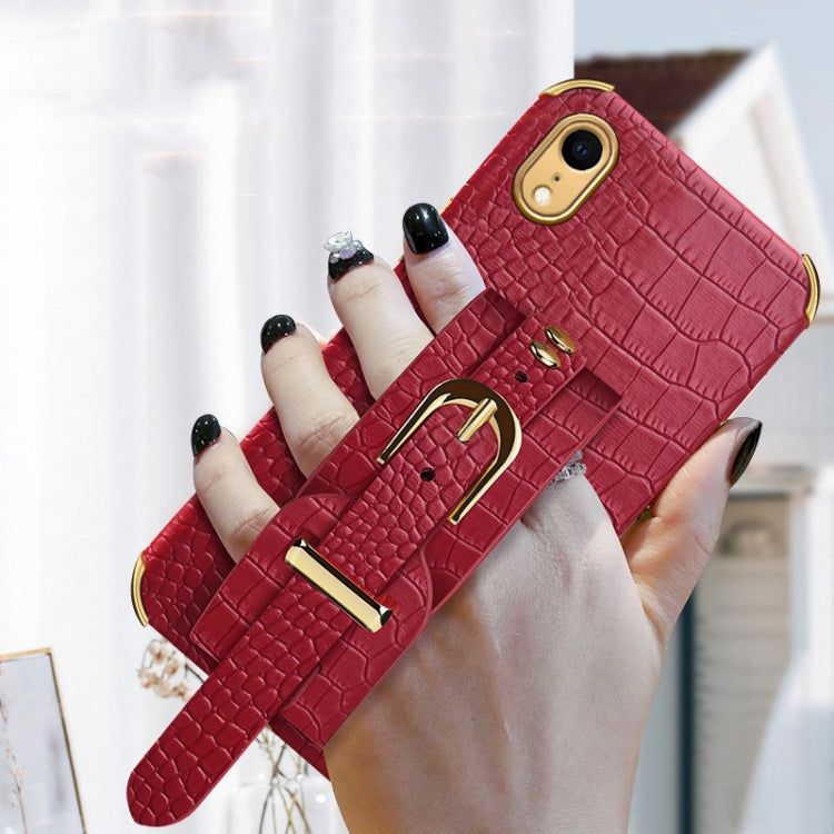 For iPhone XR Electroplated TPU Crocodile Pattern Leather Case with Wrist Strap(Red) by buy2fix