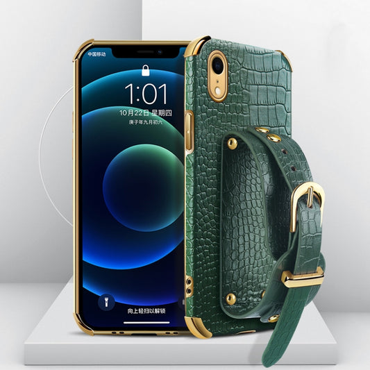 For iPhone XR Electroplated TPU Crocodile Pattern Leather Case with Wrist Strap(Green) by buy2fix