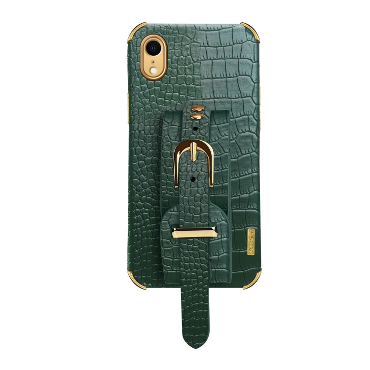 For iPhone XR Electroplated TPU Crocodile Pattern Leather Case with Wrist Strap(Green) by buy2fix