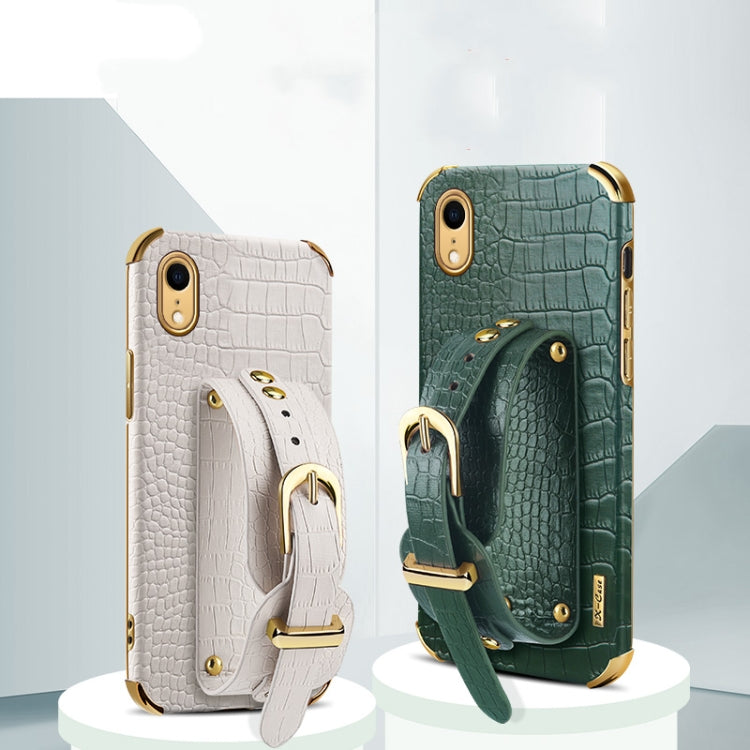 For iPhone XR Electroplated TPU Crocodile Pattern Leather Case with Wrist Strap(Green) by buy2fix