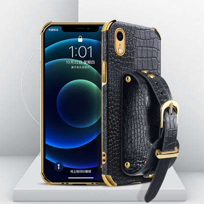 For iPhone XR Electroplated TPU Crocodile Pattern Leather Case with Wrist Strap(Black) by buy2fix