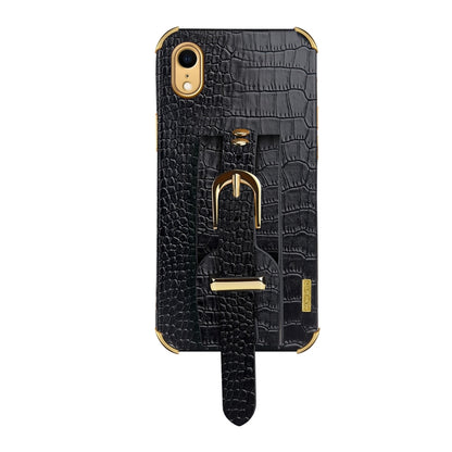 For iPhone XR Electroplated TPU Crocodile Pattern Leather Case with Wrist Strap(Black) by buy2fix