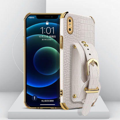 For iPhone XS Max Electroplated TPU Crocodile Pattern Leather Case with Wrist Strap(White) by buy2fix