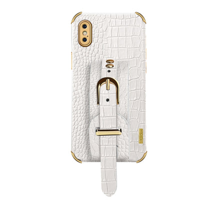 For iPhone XS Max Electroplated TPU Crocodile Pattern Leather Case with Wrist Strap(White) by buy2fix