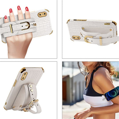 For iPhone XS Max Electroplated TPU Crocodile Pattern Leather Case with Wrist Strap(White) by buy2fix