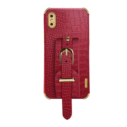 For iPhone XS Max Electroplated TPU Crocodile Pattern Leather Case with Wrist Strap(Red) by buy2fix