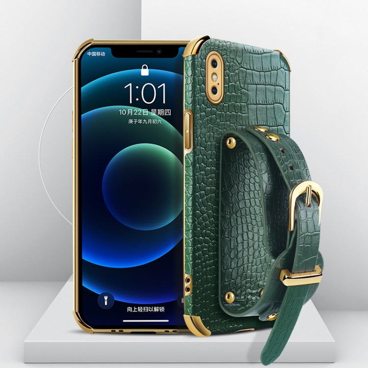 For iPhone XS Max Electroplated TPU Crocodile Pattern Leather Case with Wrist Strap(Green) by buy2fix