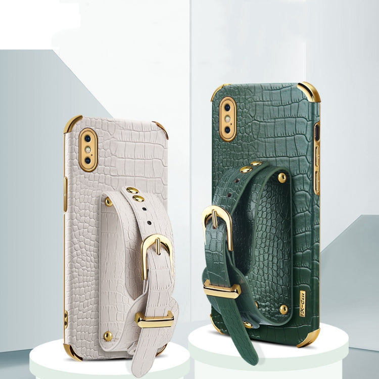 For iPhone XS Max Electroplated TPU Crocodile Pattern Leather Case with Wrist Strap(Green) by buy2fix