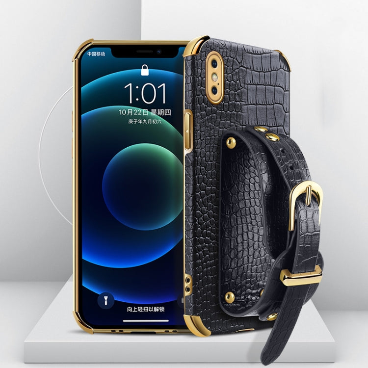 For iPhone XS Max Electroplated TPU Crocodile Pattern Leather Case with Wrist Strap(Black) by buy2fix