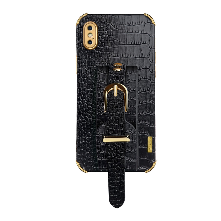 For iPhone XS Max Electroplated TPU Crocodile Pattern Leather Case with Wrist Strap(Black) by buy2fix