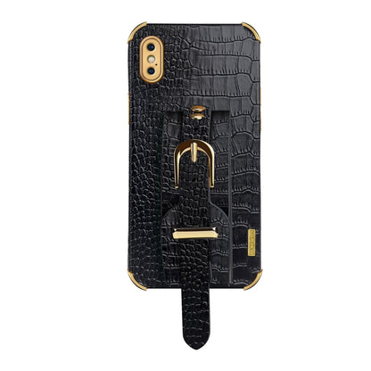 For iPhone XS Max Electroplated TPU Crocodile Pattern Leather Case with Wrist Strap(Black) by buy2fix