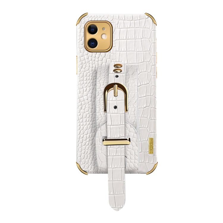 For iPhone 11 Electroplated TPU Crocodile Pattern Leather Case with Wrist Strap (White) by buy2fix