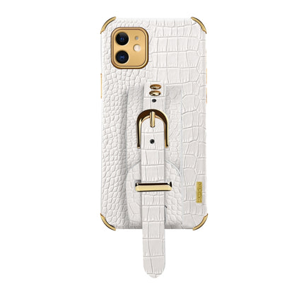 For iPhone 11 Electroplated TPU Crocodile Pattern Leather Case with Wrist Strap (White) by buy2fix