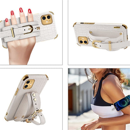 For iPhone 11 Electroplated TPU Crocodile Pattern Leather Case with Wrist Strap (White) by buy2fix