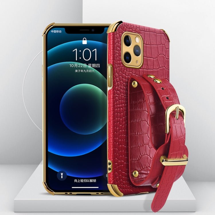 For iPhone 11 Pro Electroplated TPU Crocodile Pattern Leather Case with Wrist Strap (Red) by buy2fix