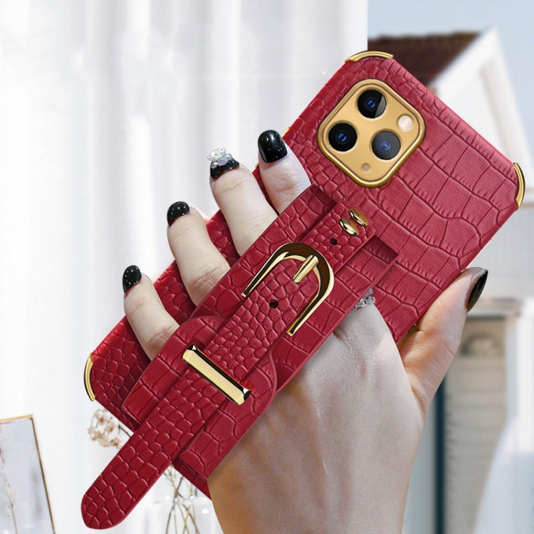 For iPhone 11 Pro Electroplated TPU Crocodile Pattern Leather Case with Wrist Strap (Red) by buy2fix