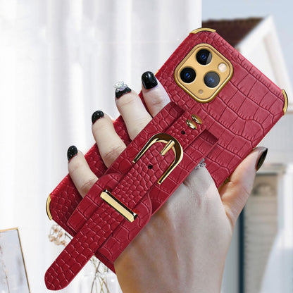 For iPhone 11 Pro Electroplated TPU Crocodile Pattern Leather Case with Wrist Strap (Red) by buy2fix