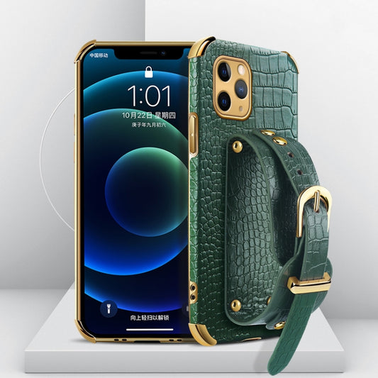 For iPhone 11 Pro Electroplated TPU Crocodile Pattern Leather Case with Wrist Strap (Green) by buy2fix