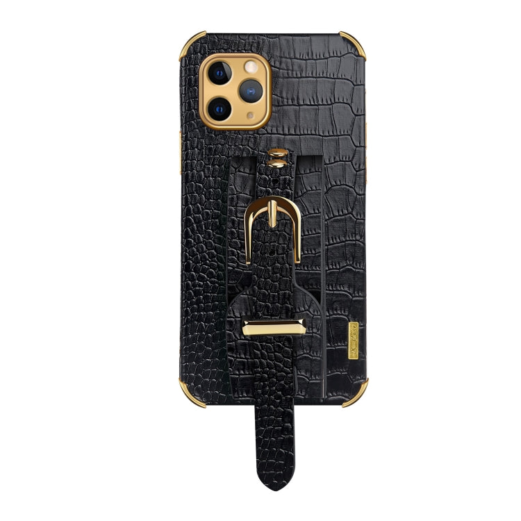 For iPhone 11 Pro Electroplated TPU Crocodile Pattern Leather Case with Wrist Strap (Black) by buy2fix