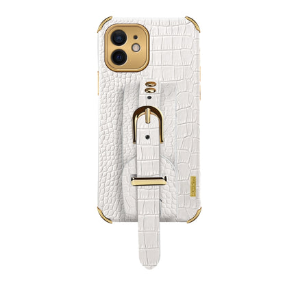 For iPhone 12 Electroplated TPU Crocodile Pattern Leather Case with Wrist Strap(White) by buy2fix