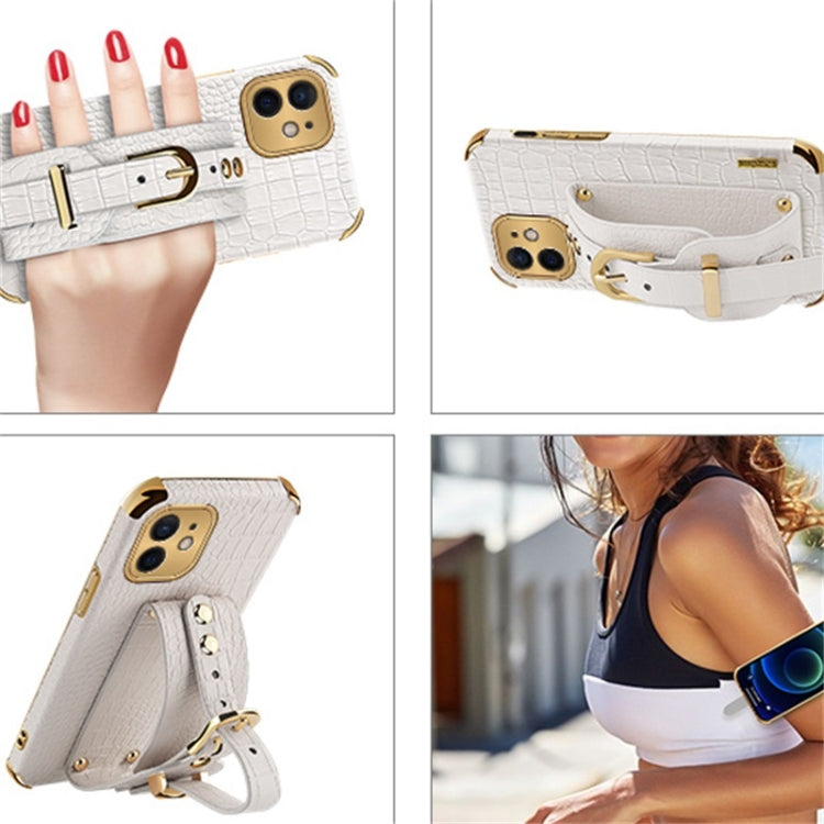 For iPhone 12 Electroplated TPU Crocodile Pattern Leather Case with Wrist Strap(White) by buy2fix