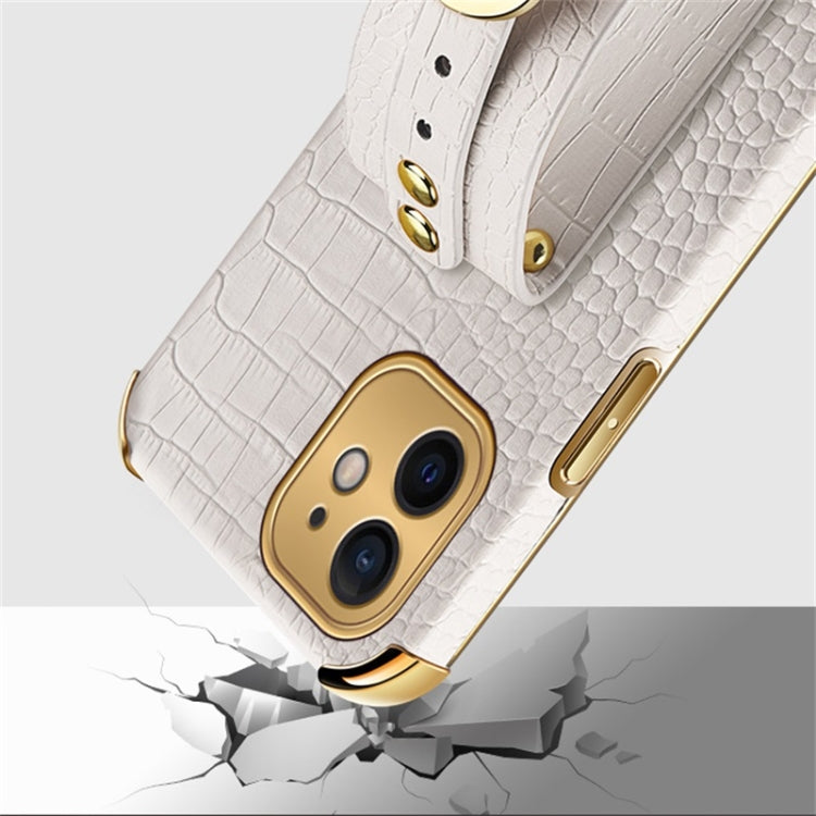 For iPhone 12 Electroplated TPU Crocodile Pattern Leather Case with Wrist Strap(White) by buy2fix