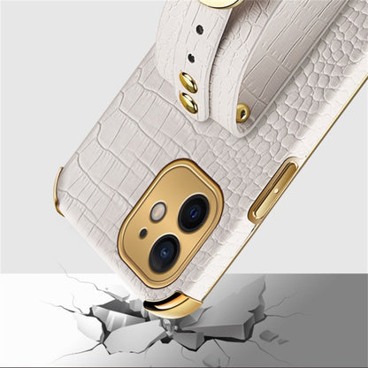 For iPhone 12 Electroplated TPU Crocodile Pattern Leather Case with Wrist Strap(White) by buy2fix