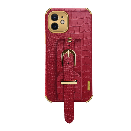 For iPhone 12 Electroplated TPU Crocodile Pattern Leather Case with Wrist Strap(Red) by buy2fix