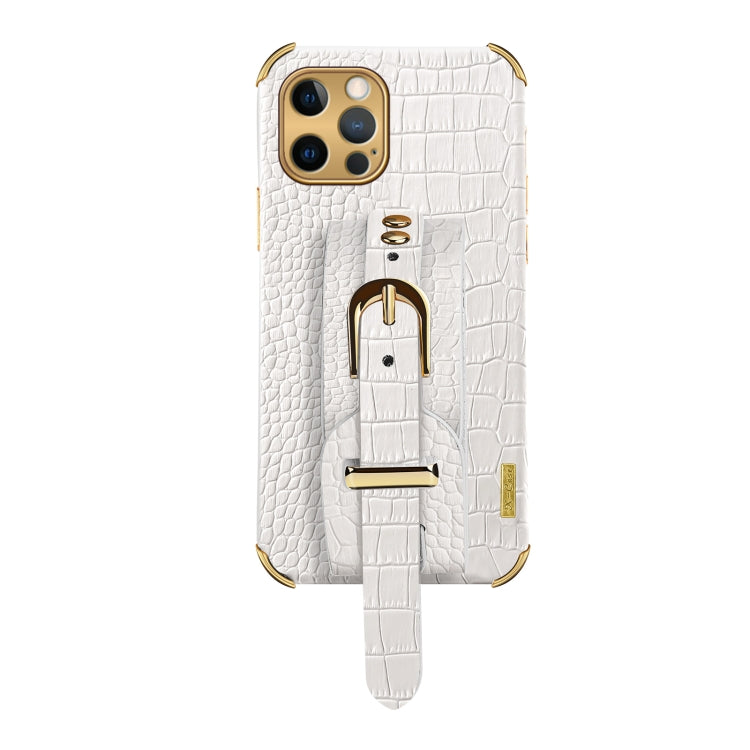 For iPhone 12 Pro Electroplated TPU Crocodile Pattern Leather Case with Wrist Strap(White) by buy2fix