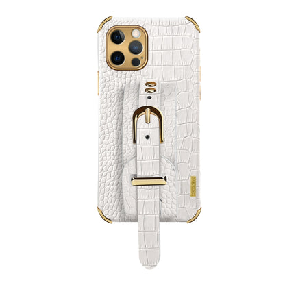 For iPhone 12 Pro Electroplated TPU Crocodile Pattern Leather Case with Wrist Strap(White) by buy2fix