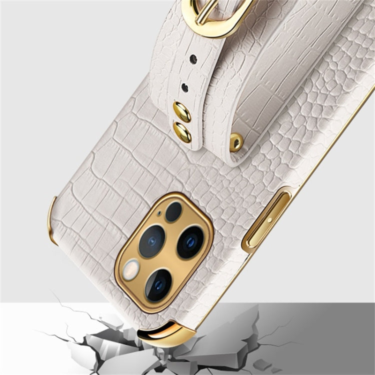 For iPhone 12 Pro Electroplated TPU Crocodile Pattern Leather Case with Wrist Strap(White) by buy2fix