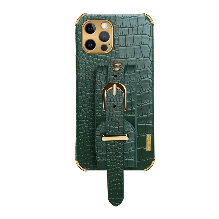 For iPhone 12 Pro Electroplated TPU Crocodile Pattern Leather Case with Wrist Strap(Green) by buy2fix
