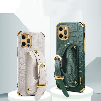 For iPhone 12 Pro Electroplated TPU Crocodile Pattern Leather Case with Wrist Strap(Green) by buy2fix