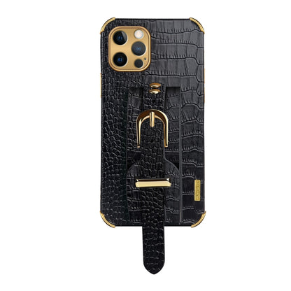 For iPhone 12 Pro Electroplated TPU Crocodile Pattern Leather Case with Wrist Strap(Black) by buy2fix