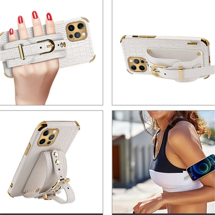 For iPhone 12 Pro Max Electroplated TPU Crocodile Pattern Leather Case with Wrist Strap(Red) by buy2fix