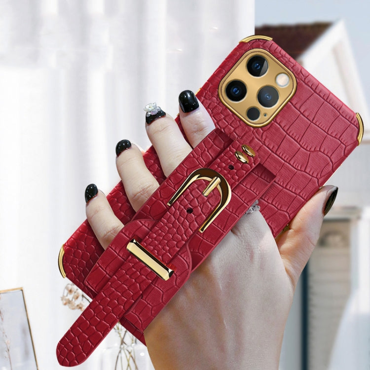 For iPhone 12 Pro Max Electroplated TPU Crocodile Pattern Leather Case with Wrist Strap(Red) by buy2fix