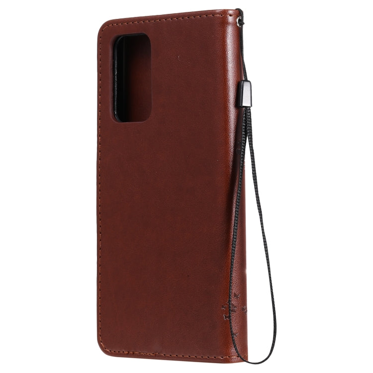 For Samsung Galaxy A52 5G Tree & Cat Pattern Pressed Printing Horizontal Flip PU Leather Case with Holder & Card Slots & Wallet & Lanyard(Coffee) by buy2fix