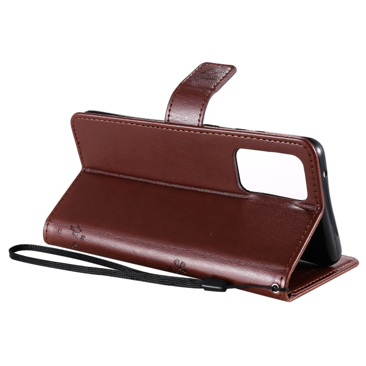 For Samsung Galaxy A52 5G Tree & Cat Pattern Pressed Printing Horizontal Flip PU Leather Case with Holder & Card Slots & Wallet & Lanyard(Coffee) by buy2fix