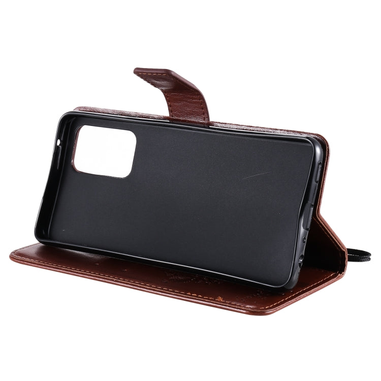 For Samsung Galaxy A52 5G Tree & Cat Pattern Pressed Printing Horizontal Flip PU Leather Case with Holder & Card Slots & Wallet & Lanyard(Coffee) by buy2fix