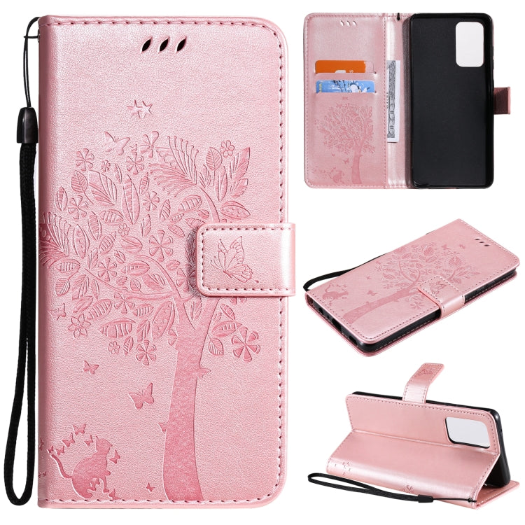 For Samsung Galaxy A52 5G Tree & Cat Pattern Pressed Printing Horizontal Flip PU Leather Case with Holder & Card Slots & Wallet & Lanyard(Rose gold) by buy2fix