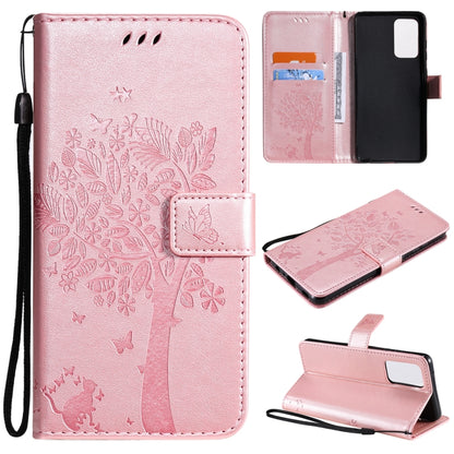 For Samsung Galaxy A52 5G Tree & Cat Pattern Pressed Printing Horizontal Flip PU Leather Case with Holder & Card Slots & Wallet & Lanyard(Rose gold) by buy2fix