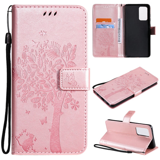 For Samsung Galaxy A52 5G Tree & Cat Pattern Pressed Printing Horizontal Flip PU Leather Case with Holder & Card Slots & Wallet & Lanyard(Rose gold) by buy2fix